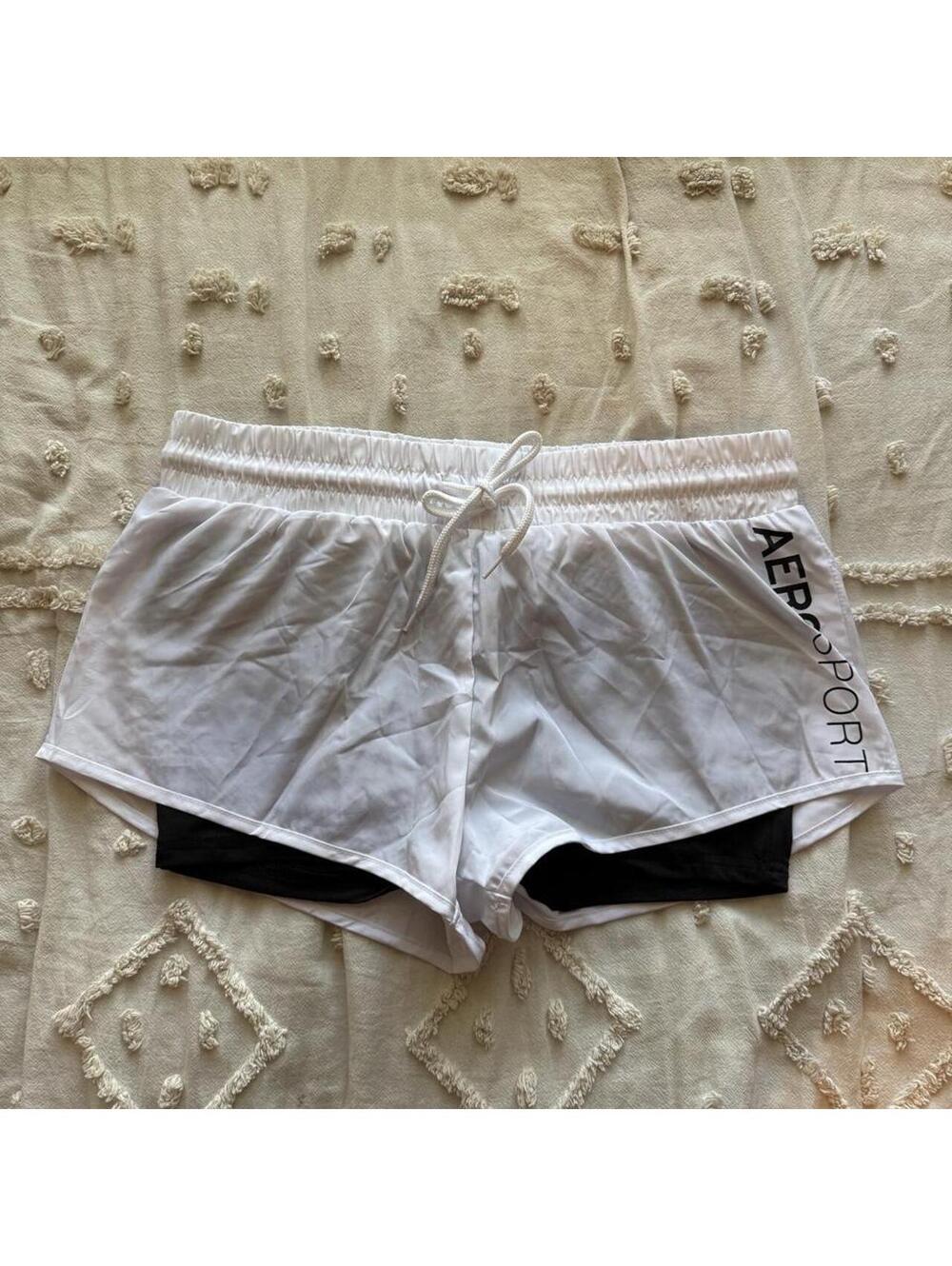 Aeropostale Sport White Black Lined Running Shorts Size S